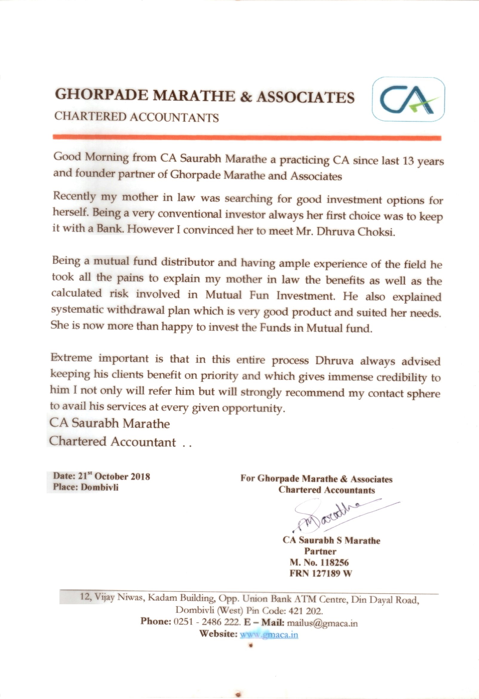 Testimonial letter from CA Saurabh Marathe, Ghorpade Marathe & Associates